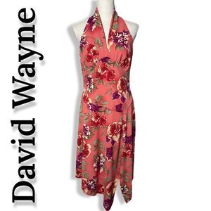DAVID WAYNE Asymmetrical Floral Midi Dress w/cute Halter Style top, Size M